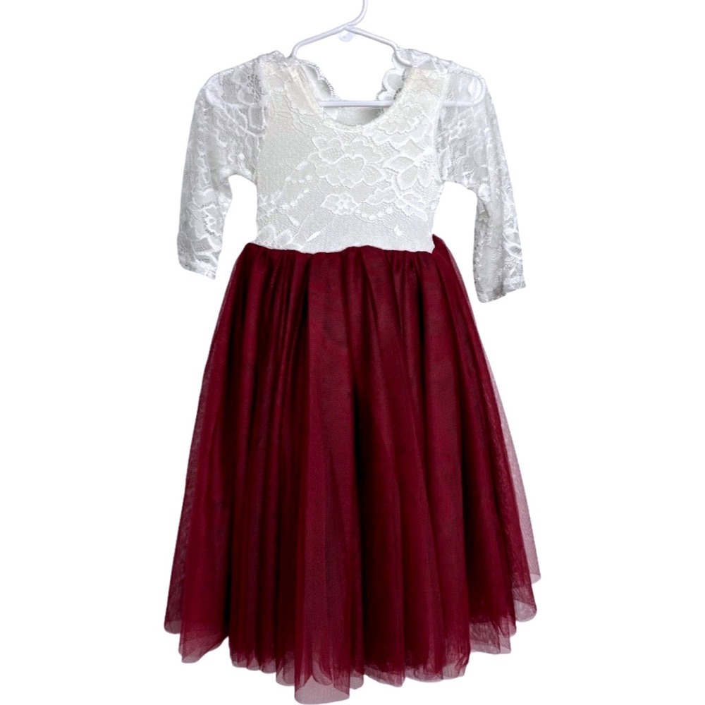 2Bunnies Lace Toddler Girl 2T Dress Burgundy‎ Tulle Flower Girl Special Occasion